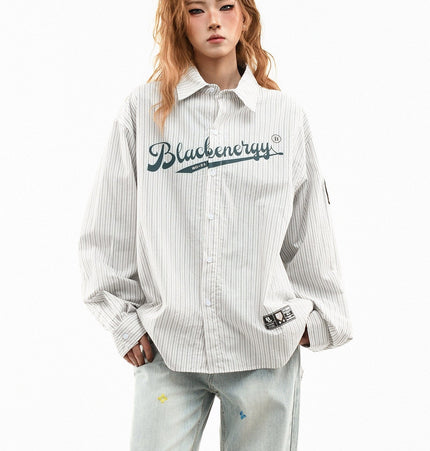 TALKLESSFASHION M / apricot OV original American vintage vertical stripe letter print long sleeve shirt women's spring loose casual couple shirt men