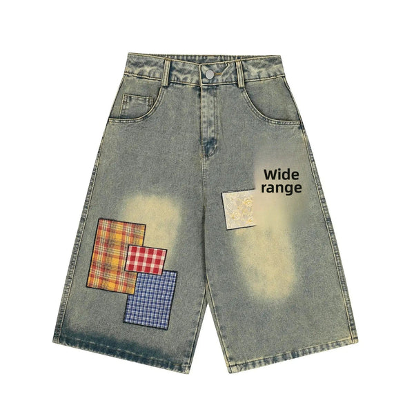 High Waist Patchwork Denim jort
