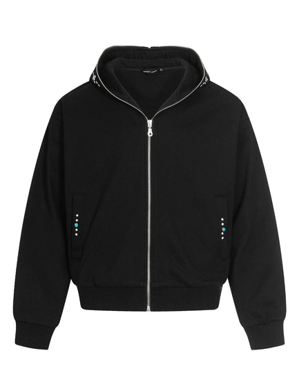 TALKLESSFASHION M / black 0267 American retro trend men's and women's turquoise design solid color men's zipper short and wide hooded sweatshirt
