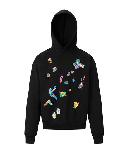 TALKLESSFASHION M / black 27412 American retro neutral high-end fun sticker print design men's heavy loose hooded sweatshirt