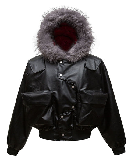 TALKLESSFASHION M / black Big Fur Collar PU Leather Puffer