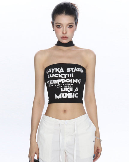 TALKLESSFASHION M / black BIGGOLD American hot girl letter halterneck bandeau vest women's summer design sense personality slimming slimming top