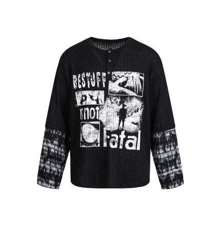 TALKLESSFASHION M / black EON 26 Spring New Spot American Street Chao Gao Street Pit Texture Stitching Print Long Sleeve T-Shirt Men