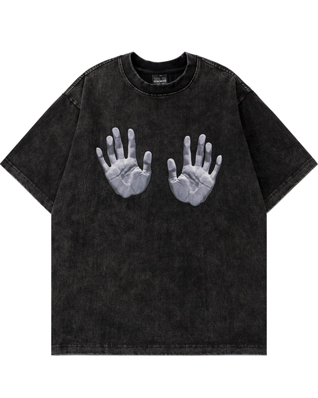 TALKLESSFASHION M / black Jiaqlo men's 2025 spring and summer new American street fashion brand wash worn-out hand print short sleeve T-shirt men