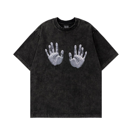 THETLSTUDIO M / black Jiaqlo men's 2025 spring and summer new American street fashion brand wash worn-out hand print short sleeve T-shirt men