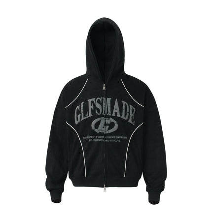 TALKLESSFASHION M / black JW302 American Trend Suede Suede Vintage Structure Printed Design Short and Wide Men's Hooded Cardigan Sweatshirt