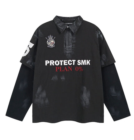 TALKLESSFASHION M / Black spelling navy blue Jiaqlo Men's Fall and Winter 2025 new wasteland style American jersey fake two heavy embroidered polo collar sweatshirts