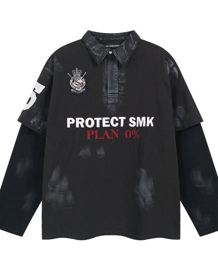 TALKLESSFASHION M / Black spelling navy blue Jiaqlo Men's Fall and Winter 2025 new wasteland style American jersey fake two heavy embroidered polo collar sweatshirts