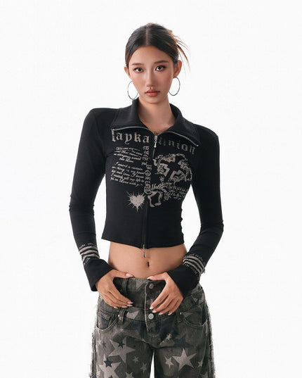 TALKLESSFASHION M / black XPKAEAX American Spice Girl Monogram Print Stand Neck Long Sleeve T-Shirt Women's Base Jacket Slim Slim Short Top