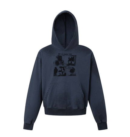 TALKLESSFASHION M / blue 27415 American street trend neutral trend print old-feeling spray horse design short and wide men's hooded sweatshirt