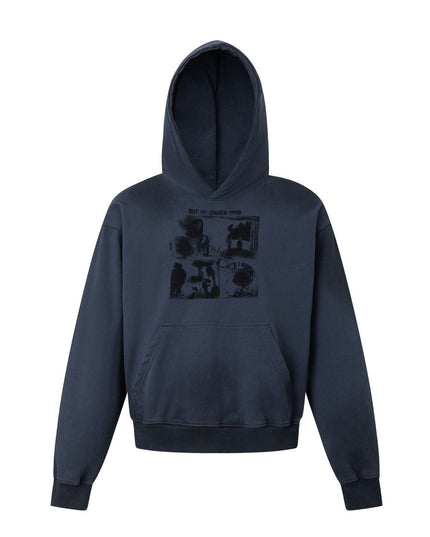 TALKLESSFASHION M / blue 27415 American street trend neutral trend print old-feeling spray horse design short and wide men's hooded sweatshirt