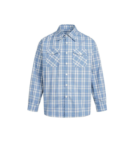 TALKLESSFASHION M / blue EON 26 spring new spot American street trend distressed plaid double pocket long sleeve shirt for men