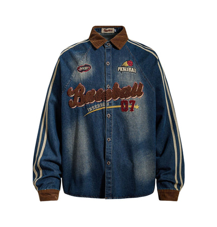 TALKLESSFASHION M / blue Jiayiku Men's Spring 2026 New American Campus Style Retro Washed Denim Shirt National Tide Embroidered Shirt
