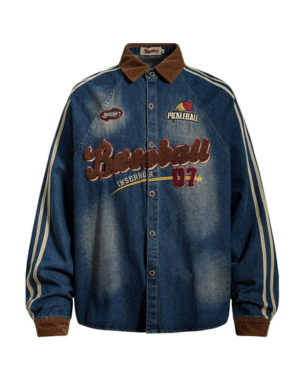 TALKLESSFASHION M / blue Jiayiku Men's Spring 2026 New American Campus Style Retro Washed Denim Shirt National Tide Embroidered Shirt