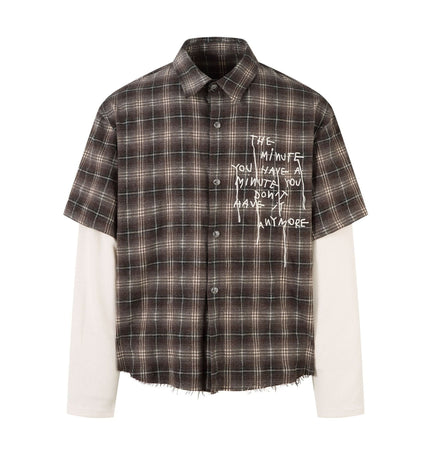 TALKLESSFASHION M / brown Street Distressed Fake Two-Piece Plaid Shirt