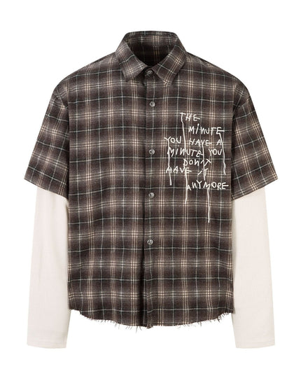 TALKLESSFASHION M / brown Street Distressed Fake Two-Piece Plaid Shirt