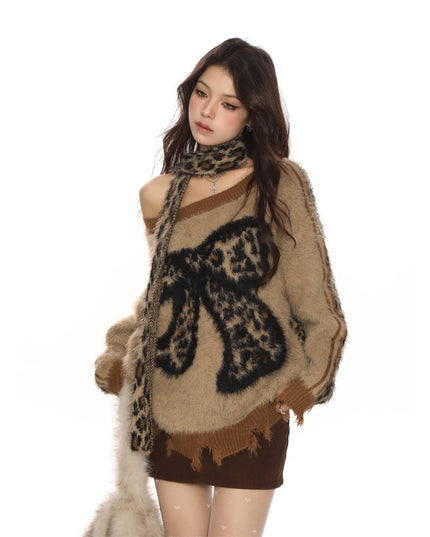 TALKLESSFASHION M / Brown Wear reversible BIGGOLD sweet cool slanted shoulder leopard print bow soft glut sweater women's autumn and winter lazy style reversible knitwear trend