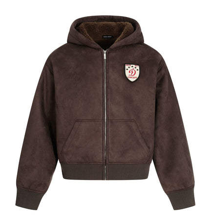 TALKLESSFASHION M / Coffee color 0275 American retro high-end solid color badge design heavy men's short and wide fleece cardigan sweatshirt jacket