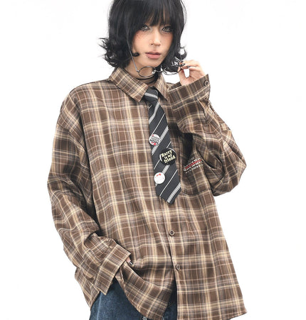 TALKLESSFASHION M / Coffee color OV original American vintage plaid long sleeve shirt men's and women's autumn street loose tie badge design shirt trend