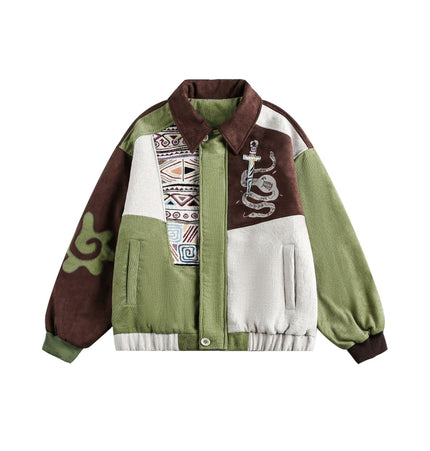 TALKLESSFASHION M / Color matching Corduroy Ethnic Design Puffer