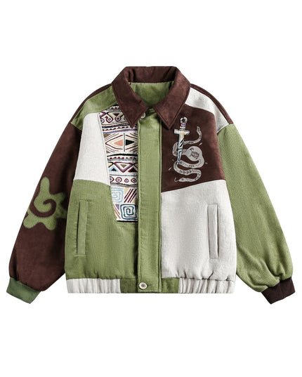 TALKLESSFASHION M / Color matching Corduroy Ethnic Design Puffer