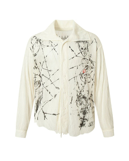 TALKLESSFASHION M / Crack white Niche Deconstructed Pleated Graffiti Shirt
