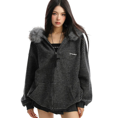 TALKLESSFASHION M / Dark gray plus velvet Striped Detachable Fur Hood Jacket