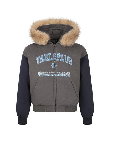 TALKLESSFASHION M / Dark gray Printed Fur Collar Knit Jacket
