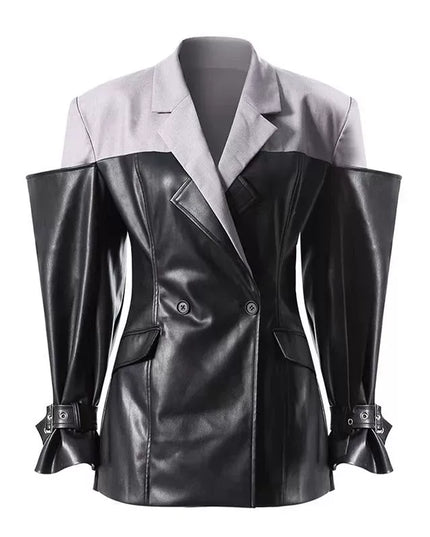 TALKLESSFASHION M / dark grey PU Leather Spliced Blazer Jacket