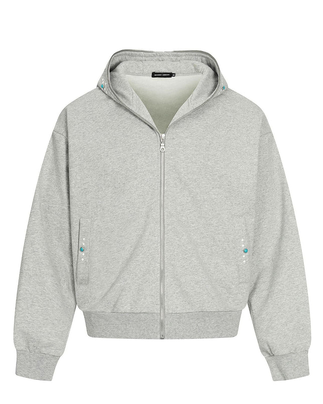 TALKLESSFASHION M / flecking gray 0267 American retro trend men's and women's turquoise design solid color men's zipper short and wide hooded sweatshirt