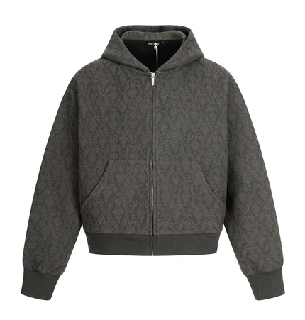 TALKLESSFASHION M / gray 0264 American retro trend high-end men's and women's heavy jacquard design men's zipper short and wide hooded sweatshirt