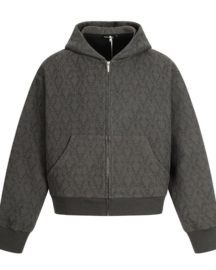 TALKLESSFASHION M / gray 0264 American retro trend high-end men's and women's heavy jacquard design men's zipper short and wide hooded sweatshirt