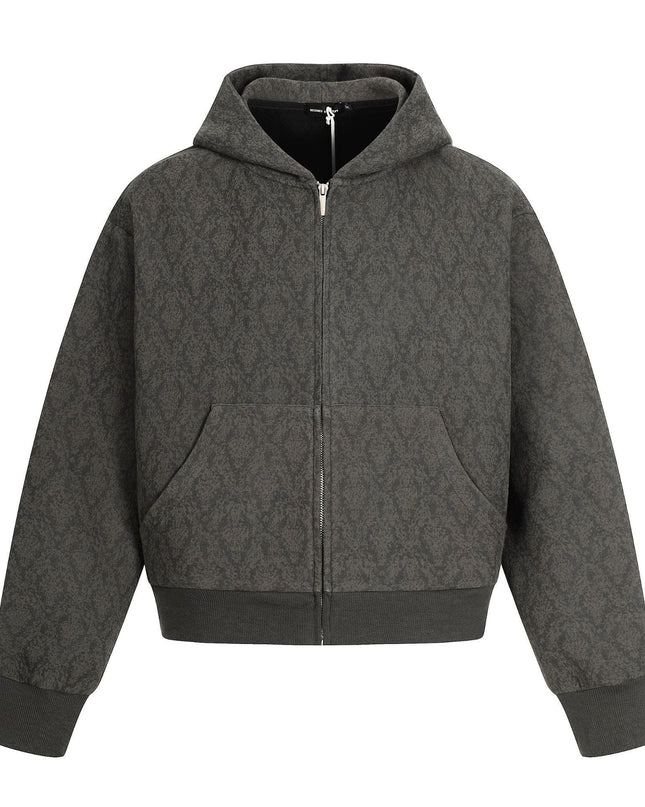 TALKLESSFASHION M / gray 0264 American retro trend high-end men's and women's heavy jacquard design men's zipper short and wide hooded sweatshirt