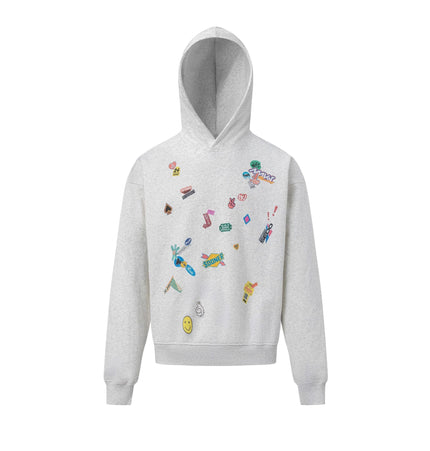 TALKLESSFASHION M / gray 27412 American retro neutral high-end fun sticker print design men's heavy loose hooded sweatshirt
