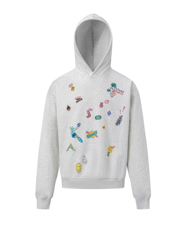 TALKLESSFASHION M / gray 27412 American retro neutral high-end fun sticker print design men's heavy loose hooded sweatshirt