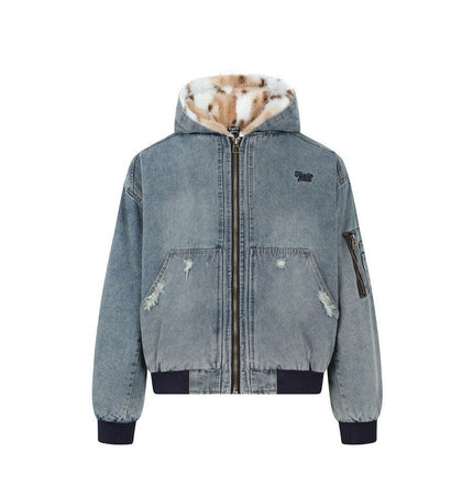TALKLESSFASHION M / Gray-blue TaelePlus Trendy American Vintage Winter Denim Jacket Men's and Women's Leopard Print Hooded Mountain Carving Cotton Jacket TP374
