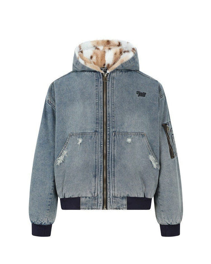 TALKLESSFASHION M / Gray-blue TaelePlus Trendy American Vintage Winter Denim Jacket Men's and Women's Leopard Print Hooded Mountain Carving Cotton Jacket TP374