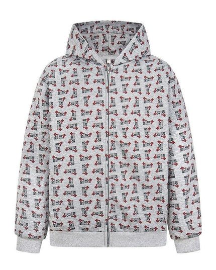 TALKLESSFASHION M / gray Digital print letter zip  hooded cardigan sweatshirt