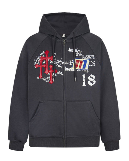 TALKLESSFASHION M / gray Distressed Letter Print Embroidered Hooded Sweatshirt