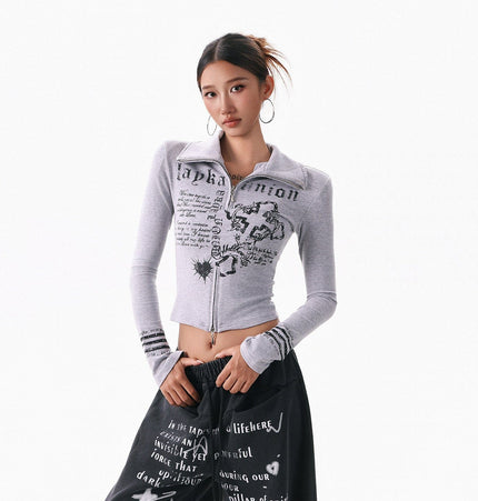 TALKLESSFASHION M / gray XPKAEAX American Spice Girl Monogram Print Stand Neck Long Sleeve T-Shirt Women's Base Jacket Slim Slim Short Top