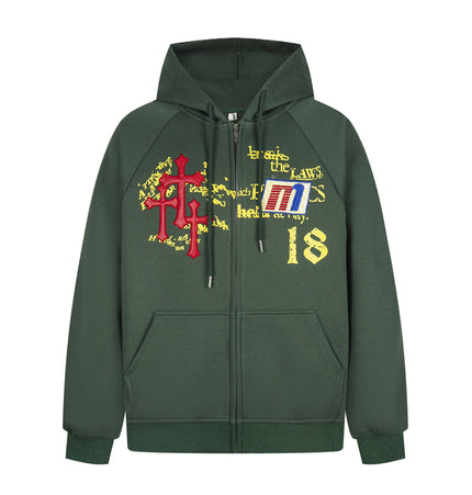 TALKLESSFASHION M / green Distressed Letter Print Embroidered Hooded Sweatshirt