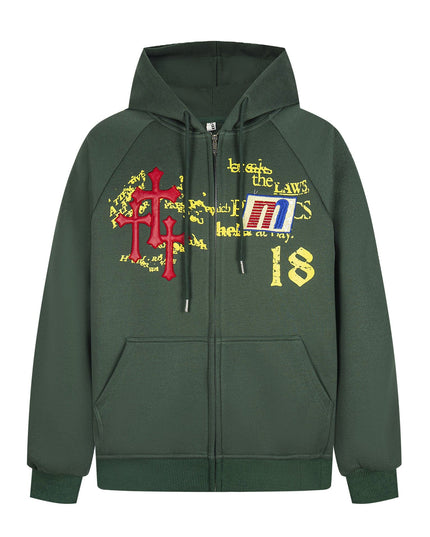 TALKLESSFASHION M / green Distressed Letter Print Embroidered Hooded Sweatshirt