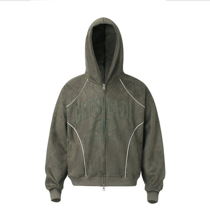 TALKLESSFASHION M / green JW302 American Trend Suede Suede Vintage Structure Printed Design Short and Wide Men's Hooded Cardigan Sweatshirt