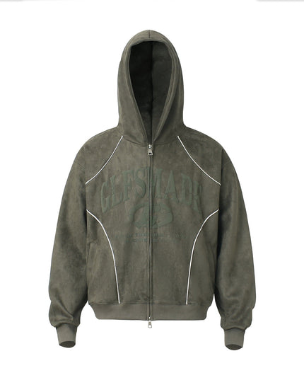 TALKLESSFASHION M / green JW302 American Trend Suede Suede Vintage Structure Printed Design Short and Wide Men's Hooded Cardigan Sweatshirt