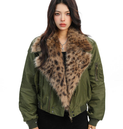 TALKLESSFASHION M / green Leopard-Collar Motor-Core Padded Jacket