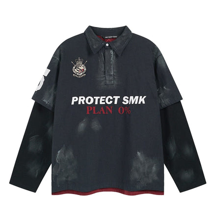 TALKLESSFASHION M / Navy blue spell red Jiaqlo Men's Fall and Winter 2025 new wasteland style American jersey fake two heavy embroidered polo collar sweatshirts