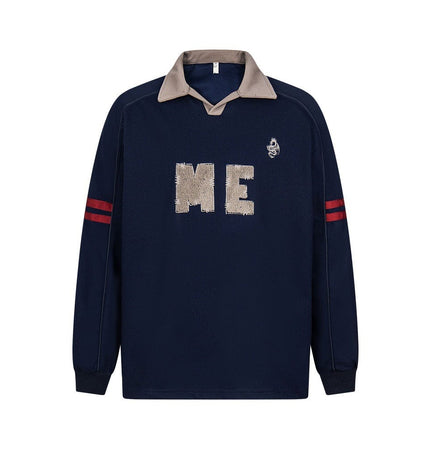 TALKLESSFASHION M / Navy embroidered letter contrast color lapel long-sleeved top casual