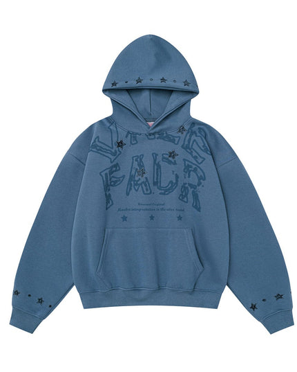 TALKLESSFASHION M / Old blue W600 American Retro Men's and Women's High-End Trend Star Embroidered Hollow Design Men's Loose Hooded Sweatshirt