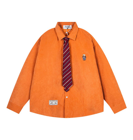 TALKLESSFASHION M / Orange OV original cartoon bear embroidery collegiate style tie long sleeve shirt women's autumn loose casual versatile shirt men