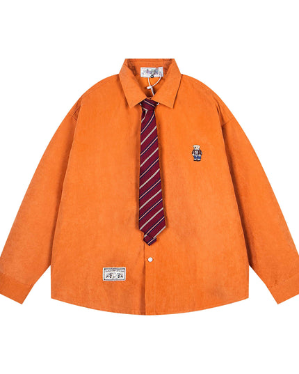 TALKLESSFASHION M / Orange OV original cartoon bear embroidery collegiate style tie long sleeve shirt women's autumn loose casual versatile shirt men
